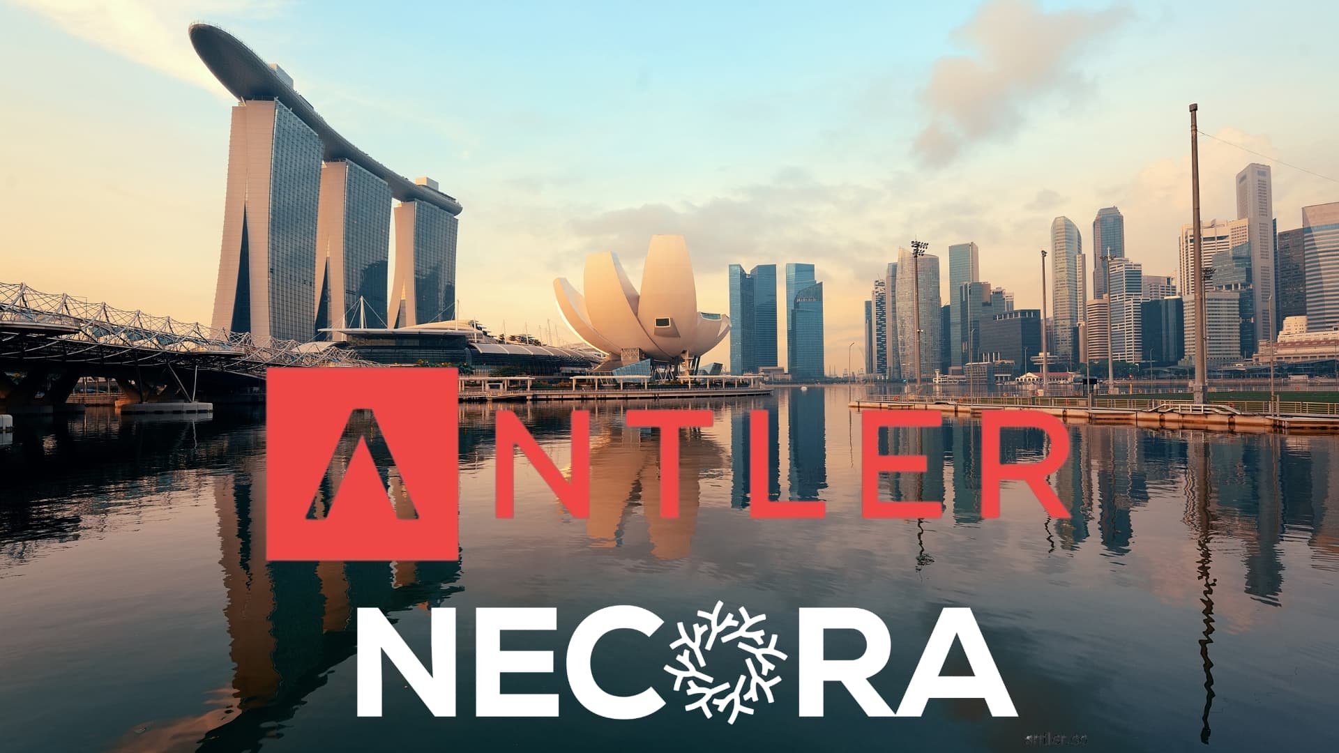 Antler and Necora logos over the Singapore Marina Bay skyline.