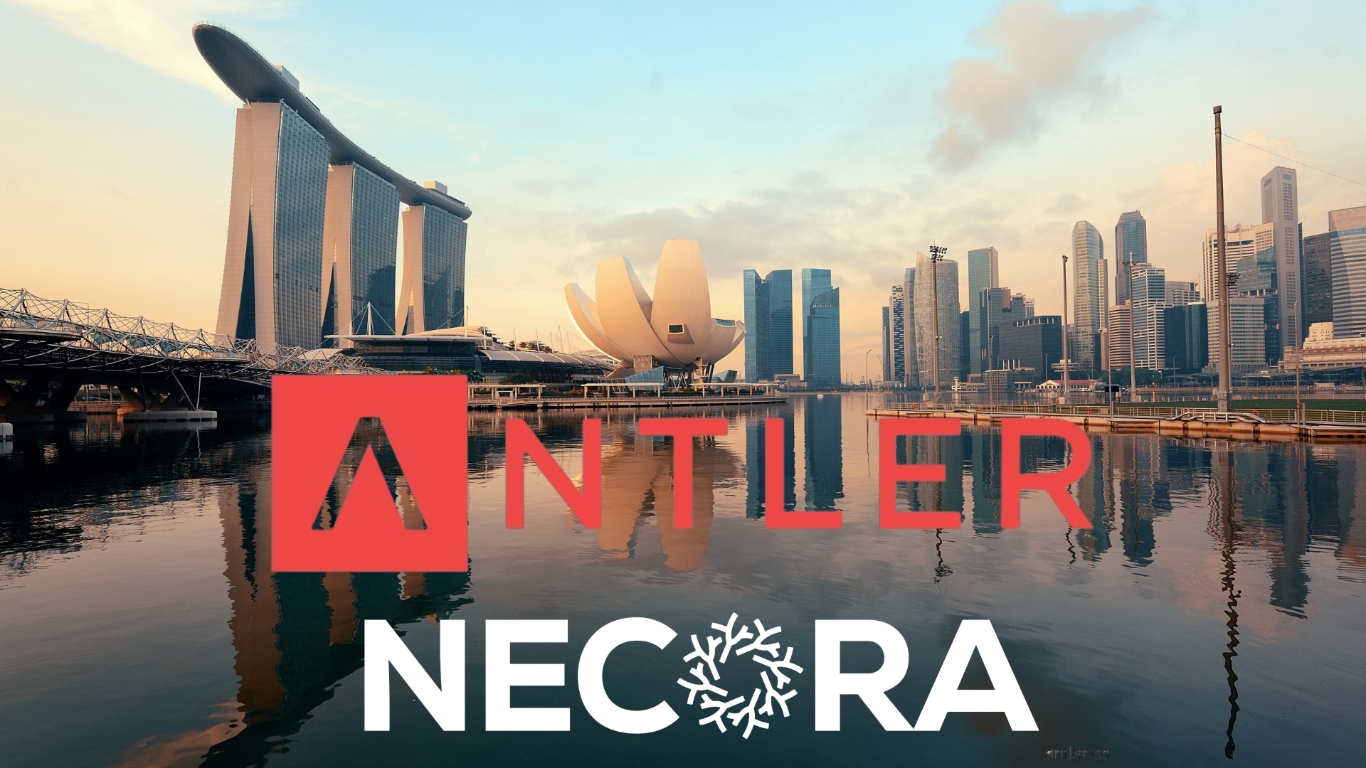 Antler and Necora logos over the Singapore Marina Bay skyline.